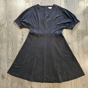 sz14 Calvin Klein Black A-Line Midi Dress V-Neck LBD Faux Leather Trim Career